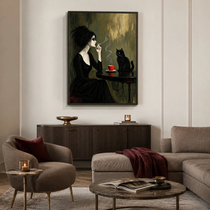Gothic Woman Black Cat Dark Academia Canvas Art