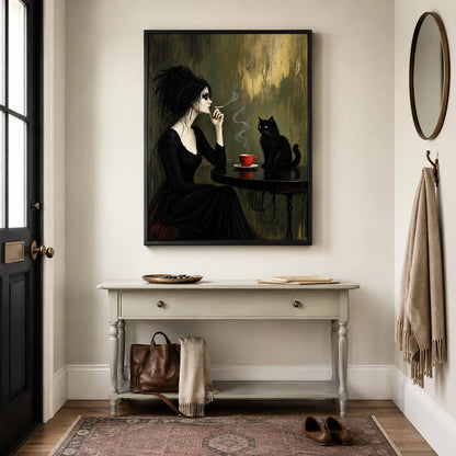 Gothic Woman Black Cat Dark Academia Canvas Art
