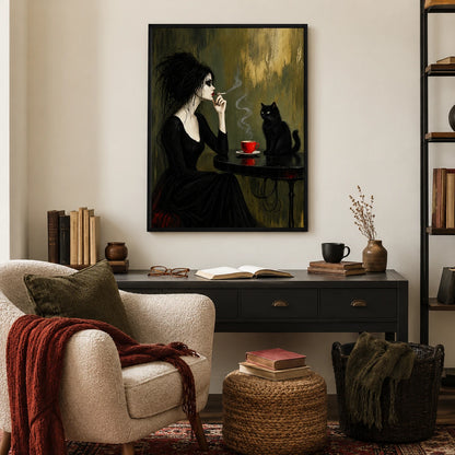 Gothic Woman Black Cat Dark Academia Canvas Art