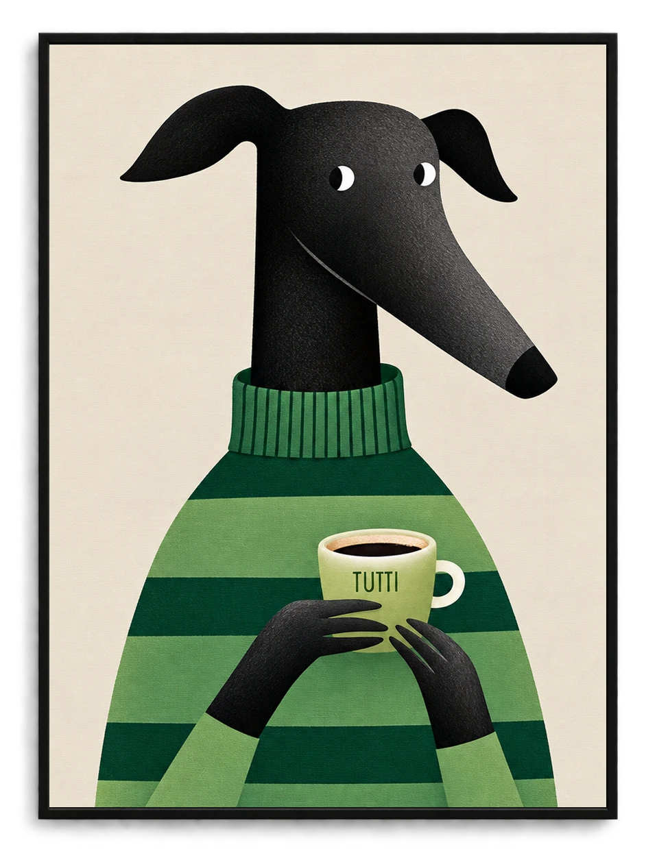 Greyhound with Coffee Wall Art - Cozy Green Sweater Print