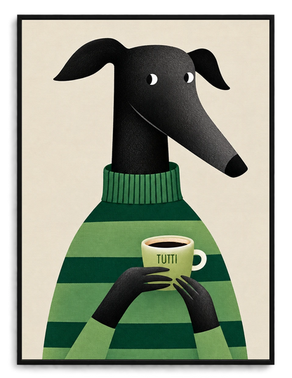 Greyhound with Coffee Wall Art - Cozy Green Sweater Print