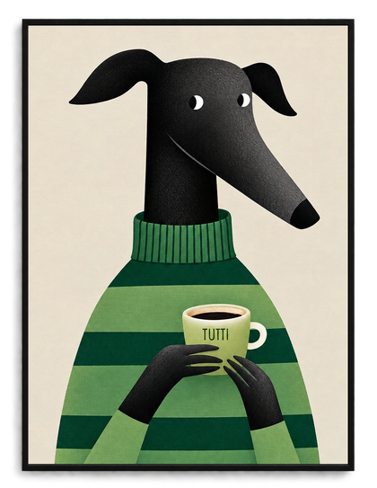 Greyhound with Coffee Wall Art - Cozy Green Sweater Print