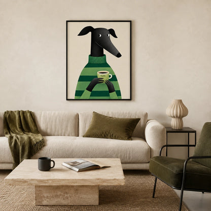 Greyhound with Coffee Wall Art - Cozy Green Sweater Print