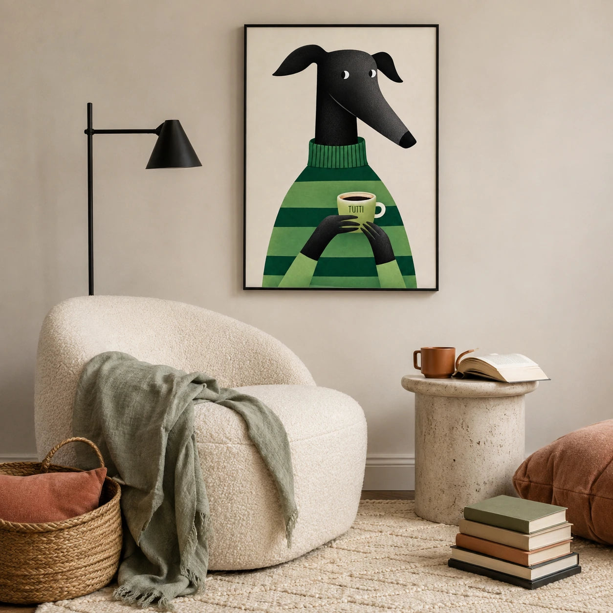 Greyhound with Coffee Wall Art - Cozy Green Sweater Print