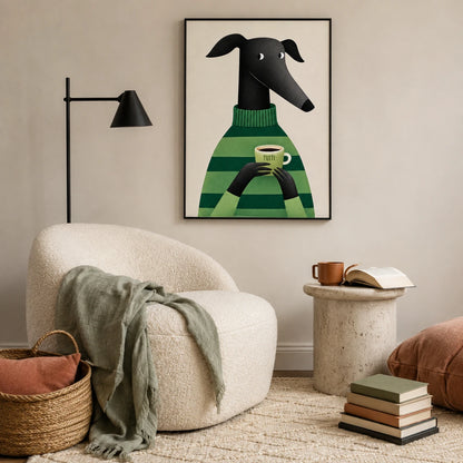 Greyhound with Coffee Wall Art - Cozy Green Sweater Print