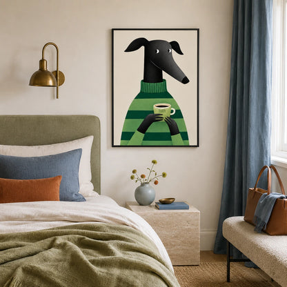 Greyhound with Coffee Wall Art - Cozy Green Sweater Print