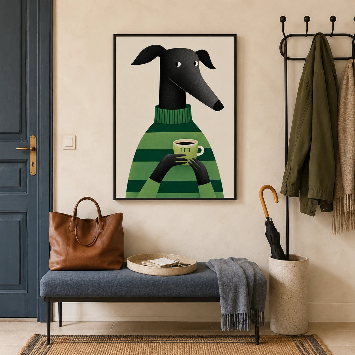 Greyhound with Coffee Wall Art - Cozy Green Sweater Print