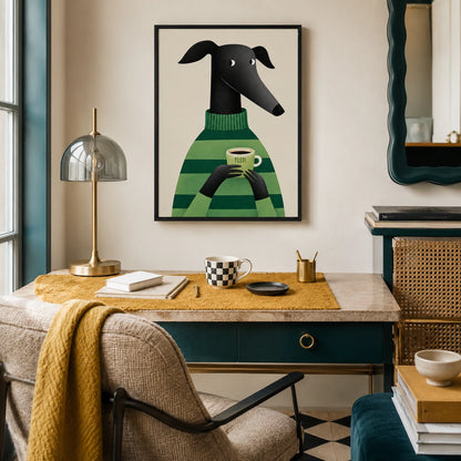 Greyhound with Coffee Wall Art - Cozy Green Sweater Print