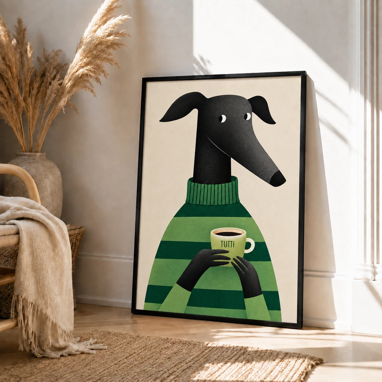 Greyhound with Coffee Wall Art - Cozy Green Sweater Print