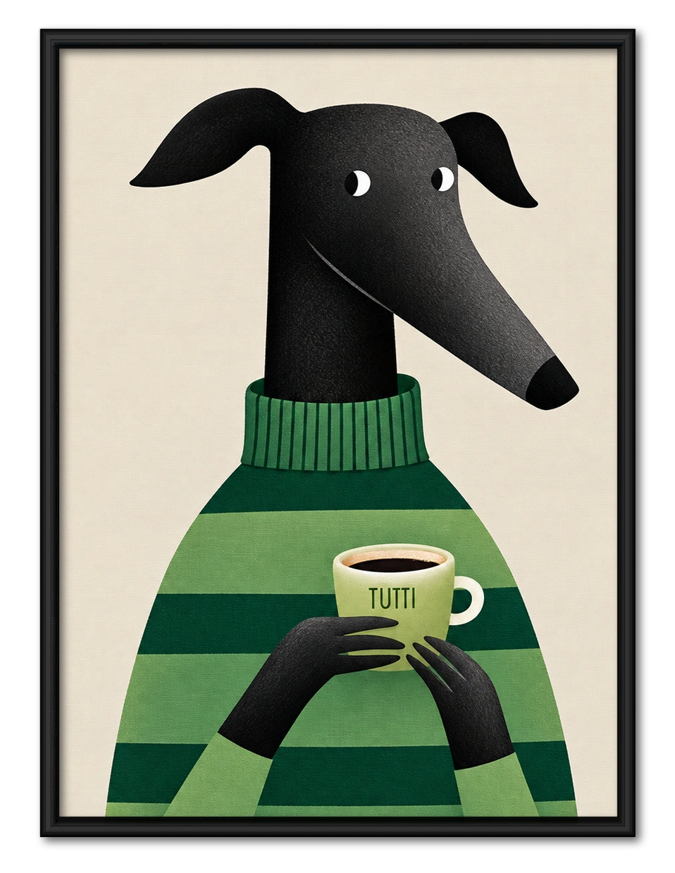 Greyhound with Coffee Wall Art - Cozy Green Sweater Print