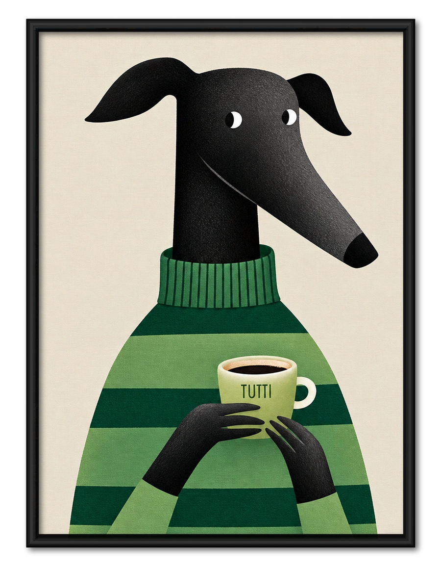 Greyhound with Coffee Wall Art - Cozy Green Sweater Print