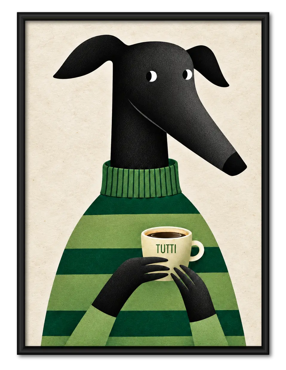 Greyhound with Coffee Wall Art - Cozy Green Sweater Print