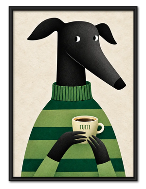 Greyhound with Coffee Wall Art - Cozy Green Sweater Print
