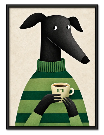 Greyhound with Coffee Wall Art - Cozy Green Sweater Print