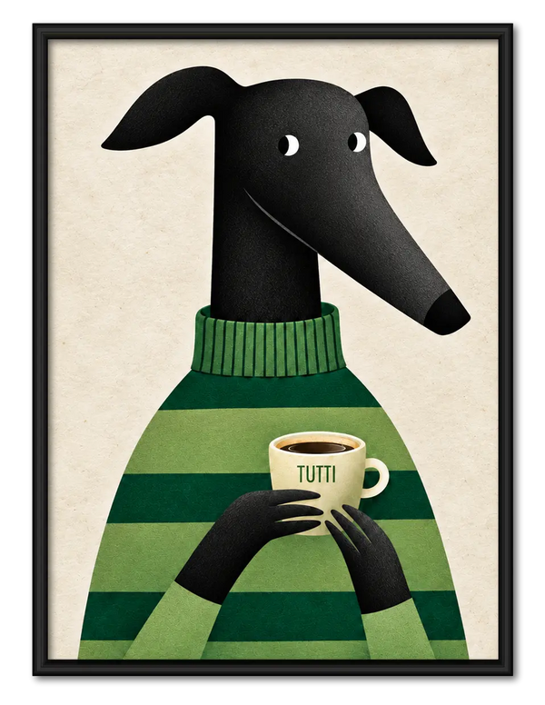 Greyhound with Coffee Wall Art - Cozy Green Sweater Print