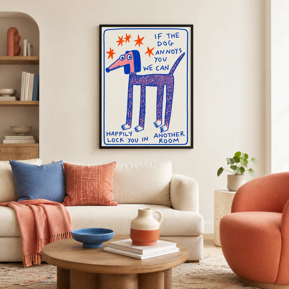 Humorous “If the Dog Annoys You” Dog Illustration – Whimsical Hand-Drawn Wall Art on Natural Wood Canvas
