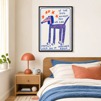 Humorous “If the Dog Annoys You” Dog Illustration – Whimsical Hand-Drawn Wall Art on Natural Wood Canvas