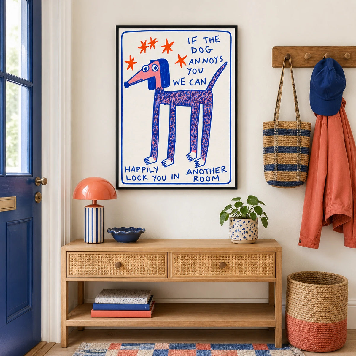 Humorous “If the Dog Annoys You” Dog Illustration – Whimsical Hand-Drawn Wall Art on Natural Wood Canvas