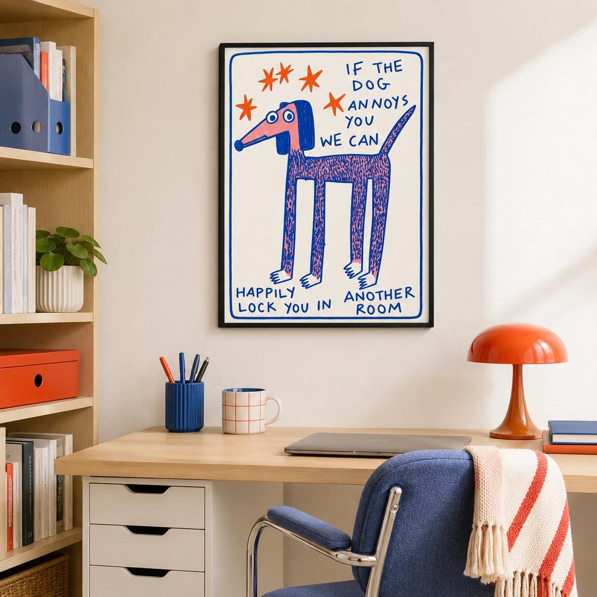 Humorous “If the Dog Annoys You” Dog Illustration – Whimsical Hand-Drawn Wall Art on Natural Wood Canvas