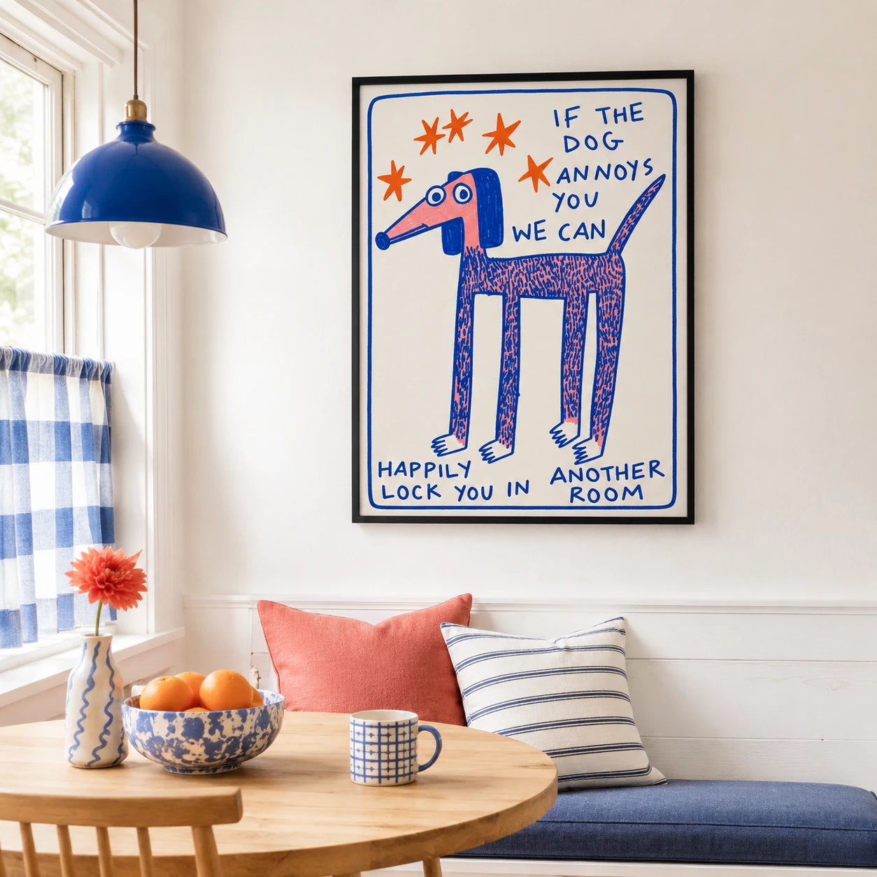 Humorous “If the Dog Annoys You” Dog Illustration – Whimsical Hand-Drawn Wall Art on Natural Wood Canvas