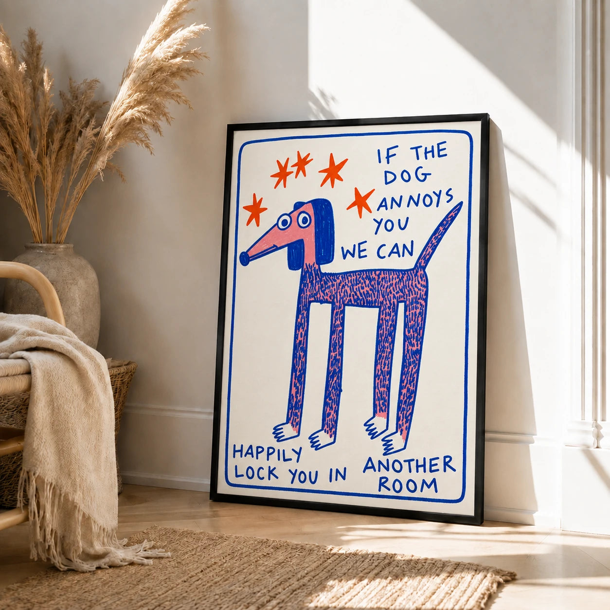 Humorous “If the Dog Annoys You” Dog Illustration – Whimsical Hand-Drawn Wall Art on Natural Wood Canvas