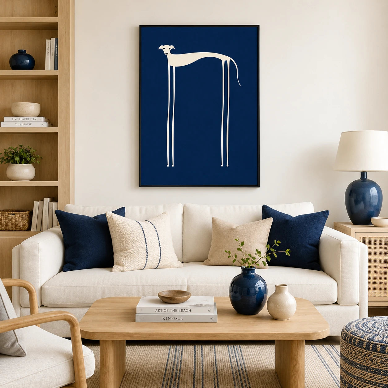 Minimalist Greyhound Navy Blue Framed Canvas Art