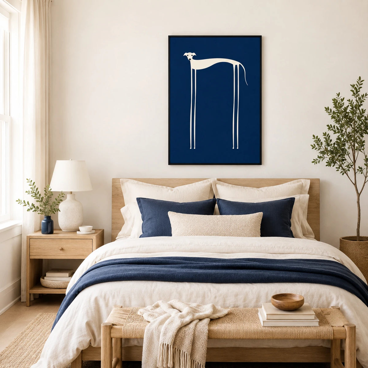 Minimalist Greyhound Navy Blue Framed Canvas Art