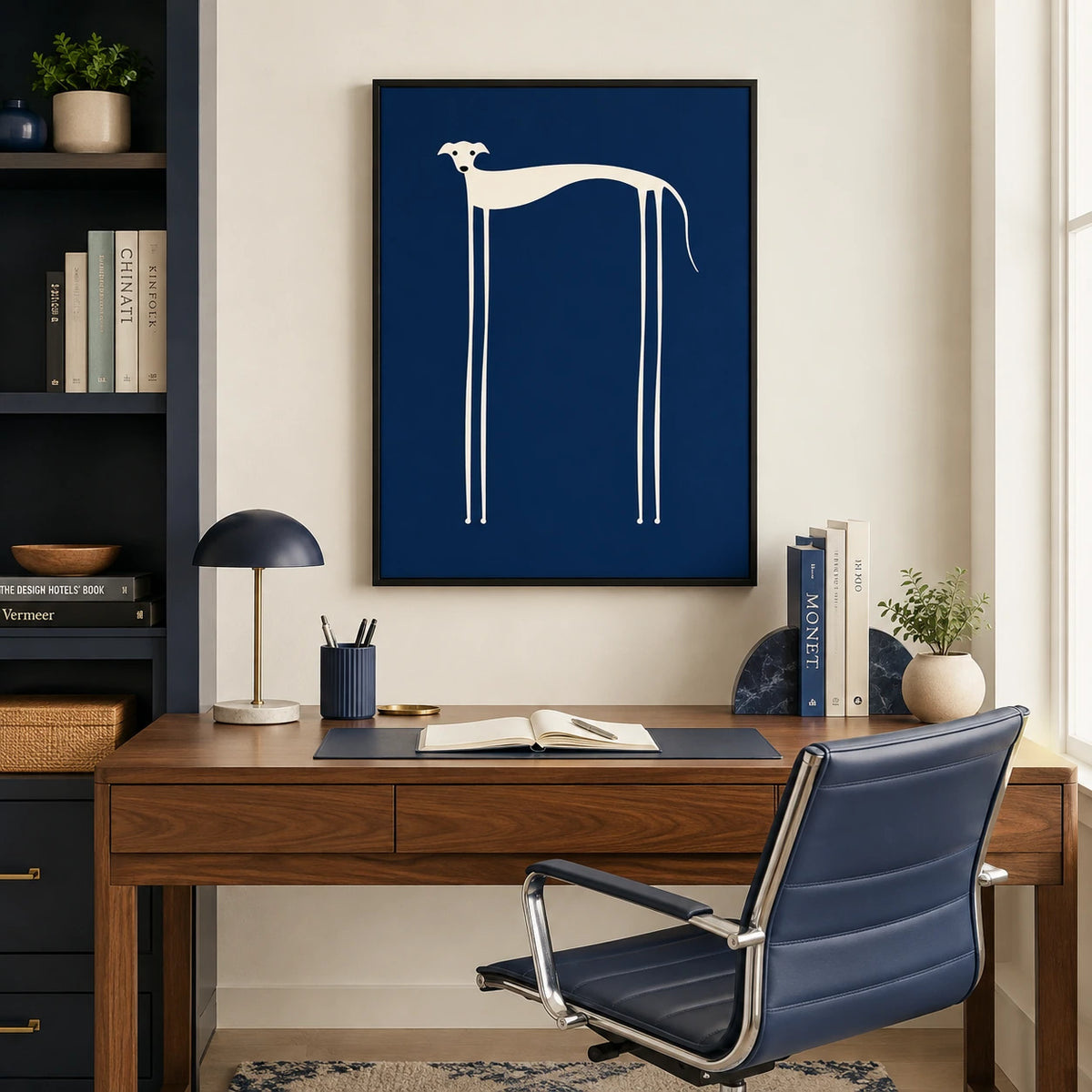 Minimalist Greyhound Navy Blue Framed Canvas Art