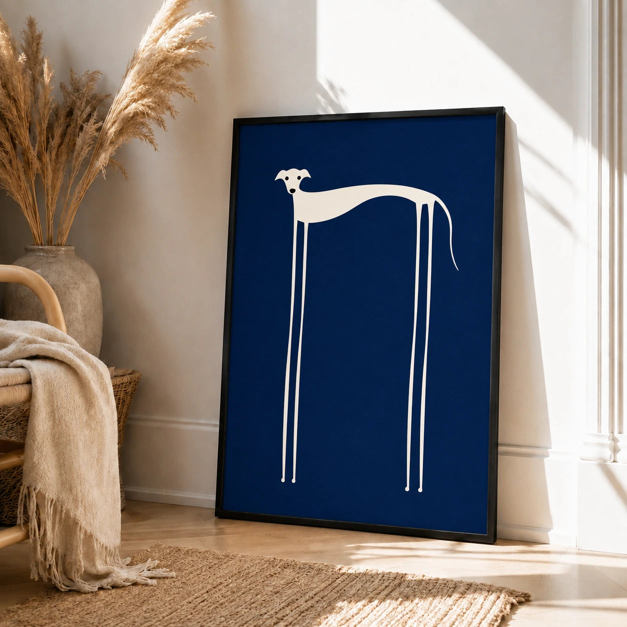Minimalist Greyhound Navy Blue Framed Canvas Art