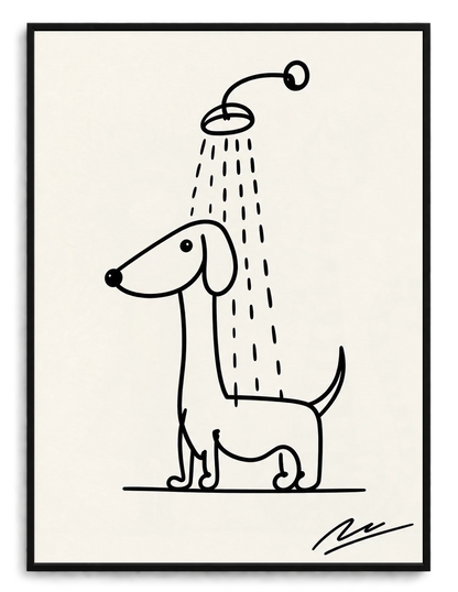 Minimalist Line Art Dachshund Shower – Whimsical Pet Wall Art on Natural Wood Canvas