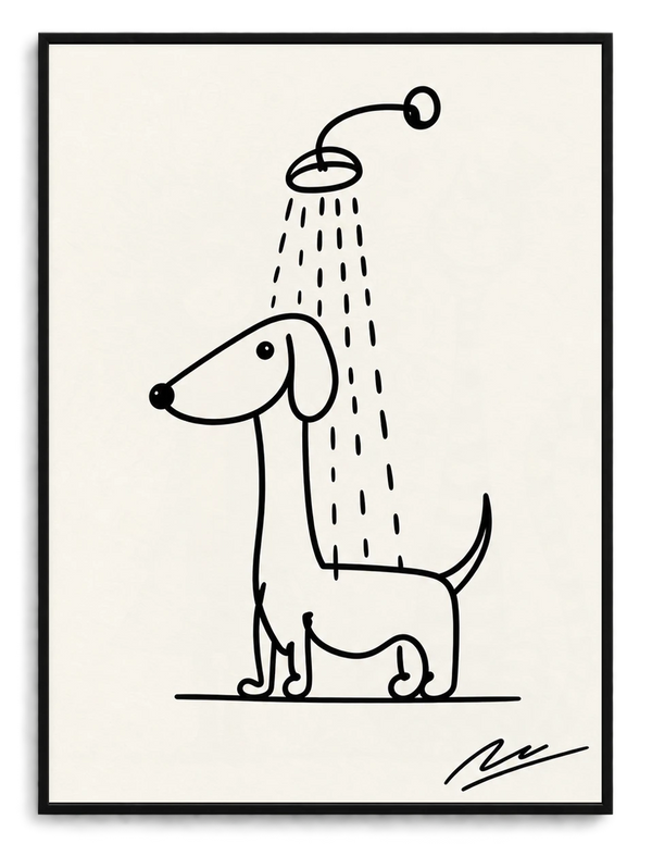 Minimalist Line Art Dachshund Shower – Whimsical Pet Wall Art on Natural Wood Canvas
