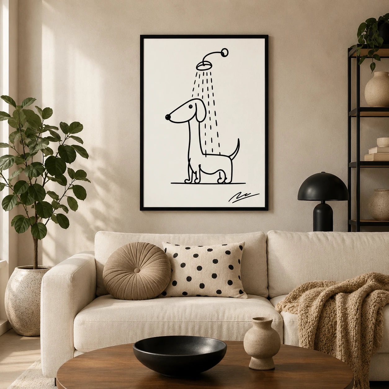 Minimalist Line Art Dachshund Shower – Whimsical Pet Wall Art on Natural Wood Canvas