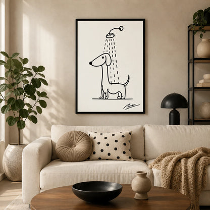 Minimalist Line Art Dachshund Shower – Whimsical Pet Wall Art on Natural Wood Canvas