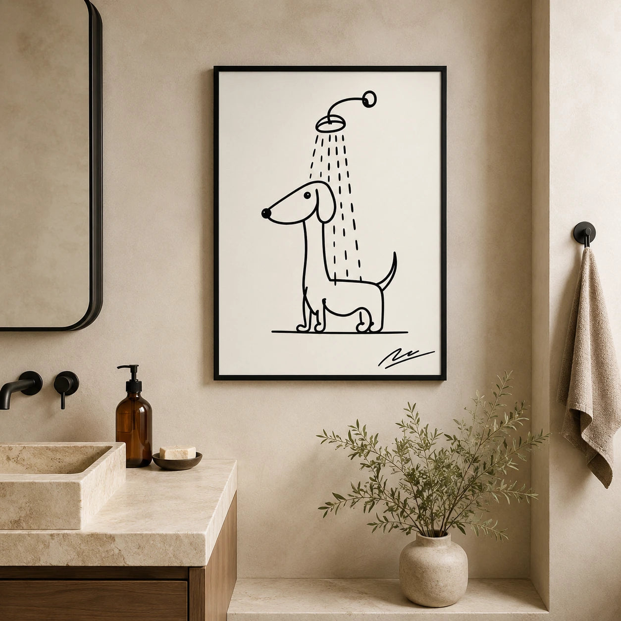 Minimalist Line Art Dachshund Shower – Whimsical Pet Wall Art on Natural Wood Canvas
