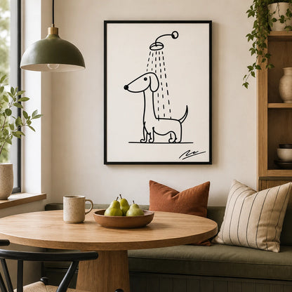Minimalist Line Art Dachshund Shower – Whimsical Pet Wall Art on Natural Wood Canvas