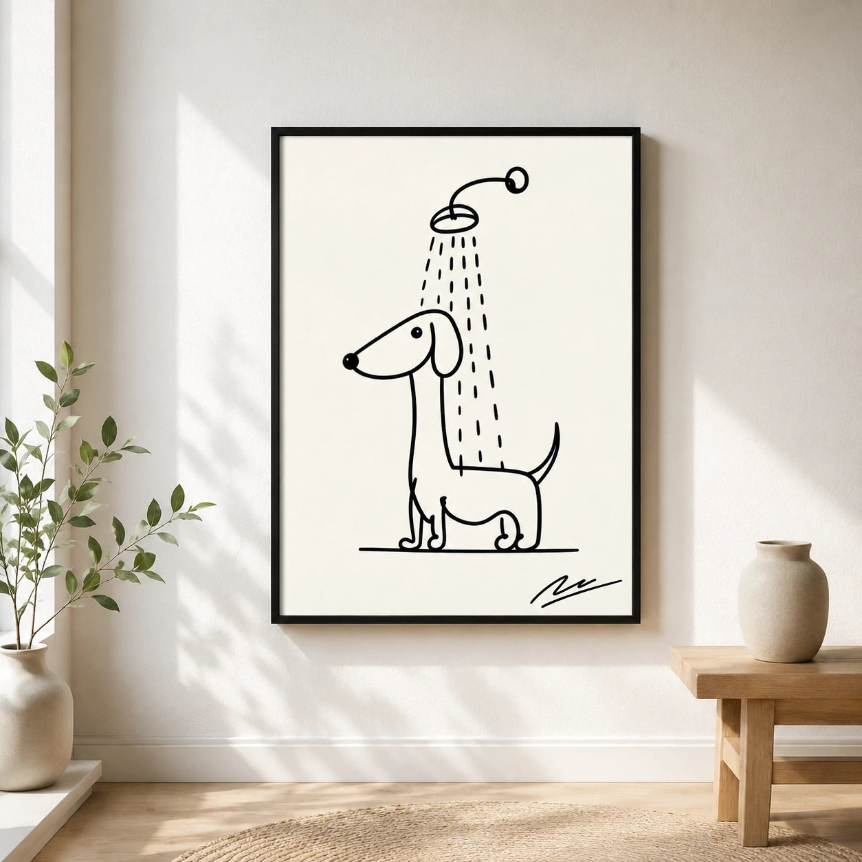 Minimalist Line Art Dachshund Shower – Whimsical Pet Wall Art on Natural Wood Canvas