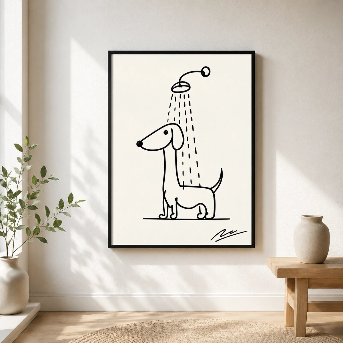 Minimalist Line Art Dachshund Shower – Whimsical Pet Wall Art on Natural Wood Canvas