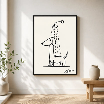 Minimalist Line Art Dachshund Shower – Whimsical Pet Wall Art on Natural Wood Canvas