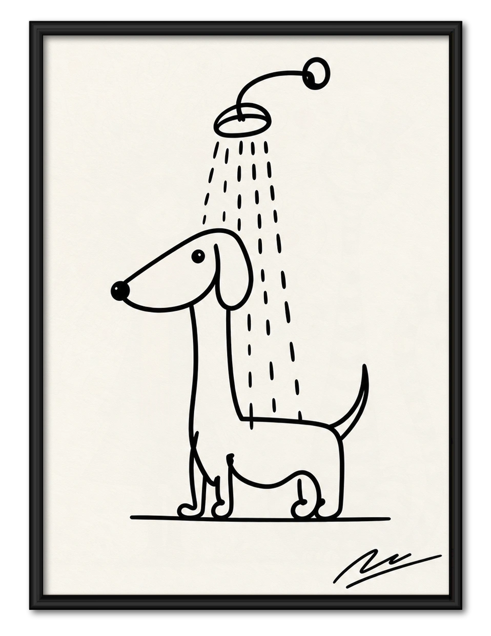 Minimalist Line Art Dachshund Shower – Whimsical Pet Wall Art on Natural Wood Canvas