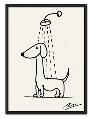 Minimalist Line Art Dachshund Shower – Whimsical Pet Wall Art on Natural Wood Canvas