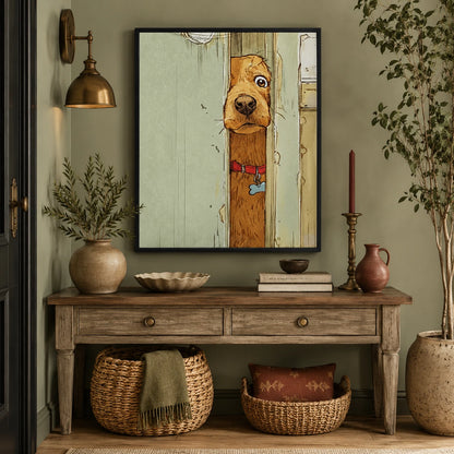 Peeking Dog Door Vintage Canvas Wall Art