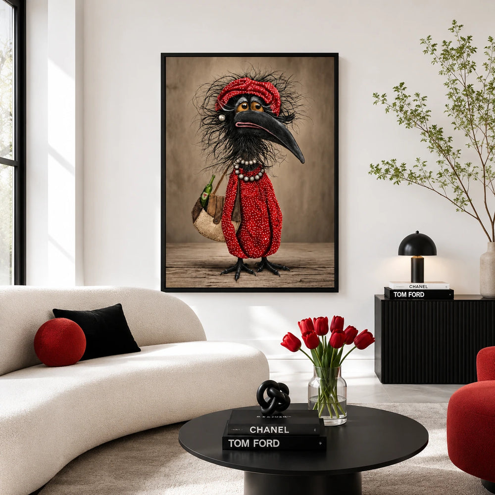 Quirky Crow Red Outfit Funny Canvas Art