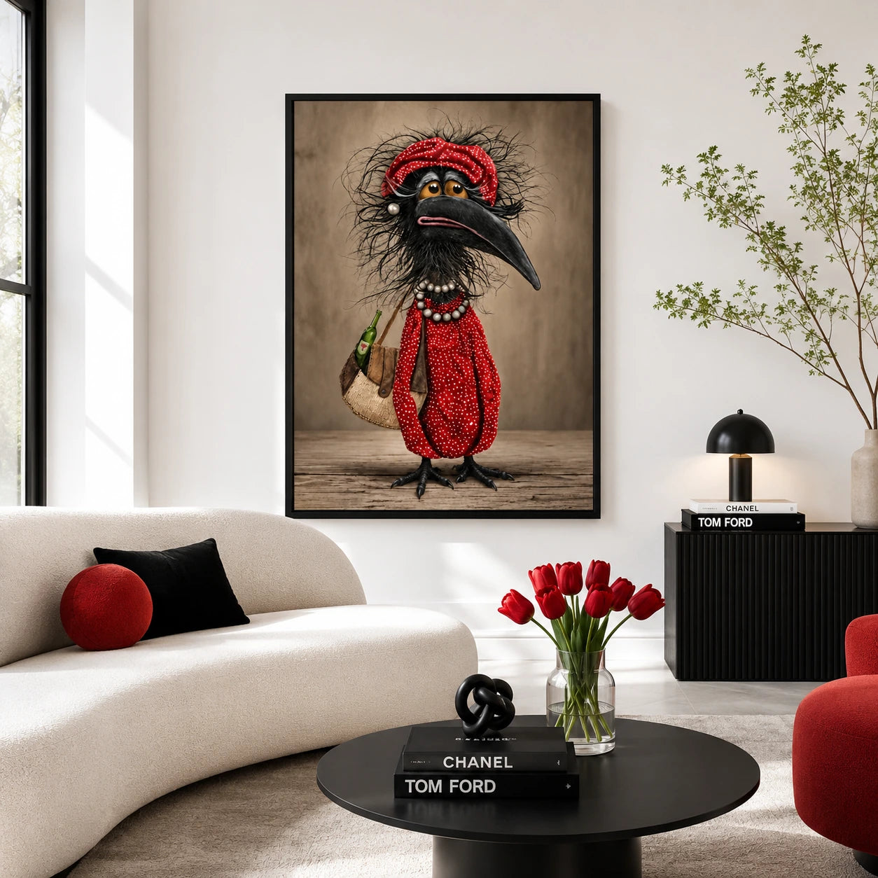 Quirky Crow Red Outfit Funny Canvas Art