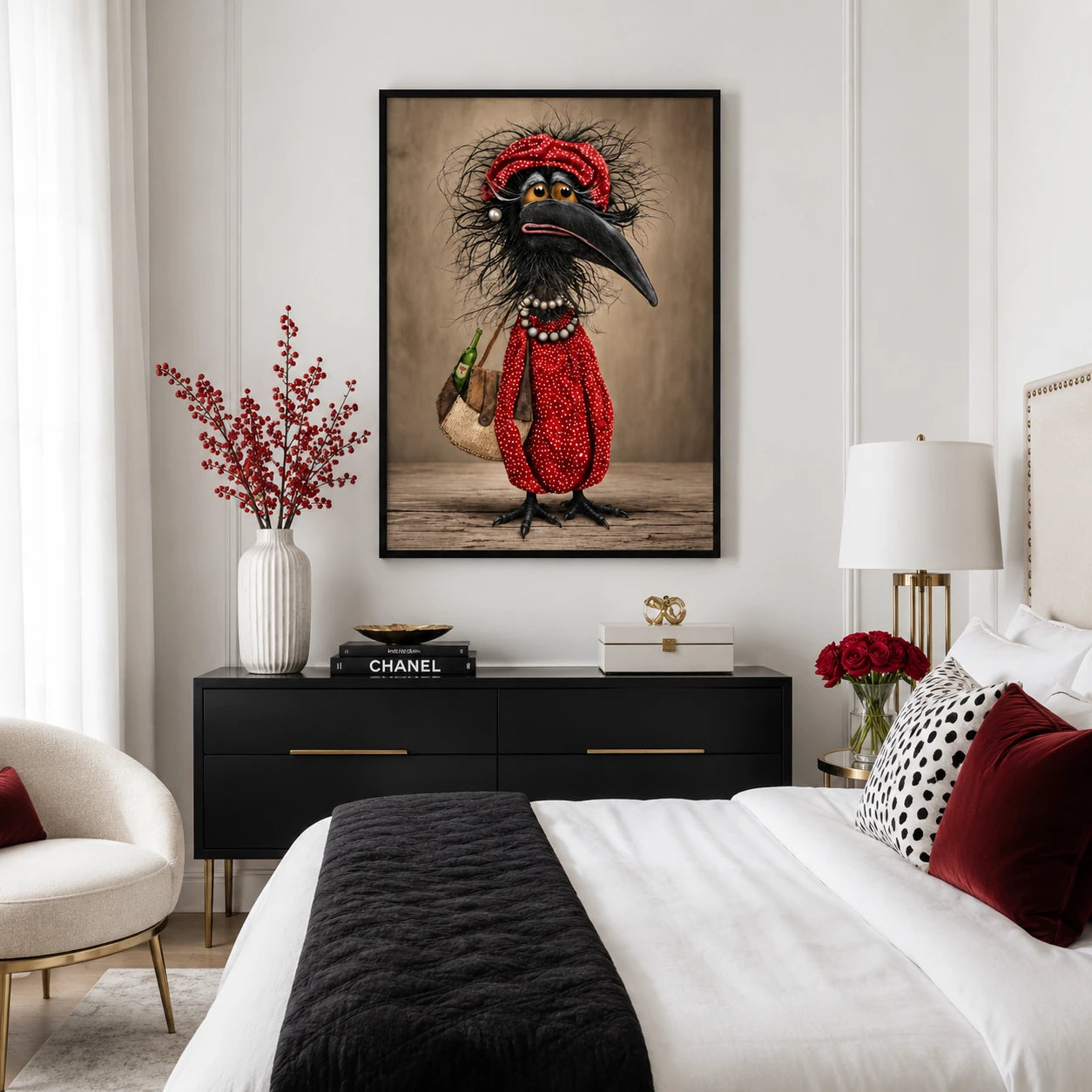 Quirky Crow Red Outfit Funny Canvas Art