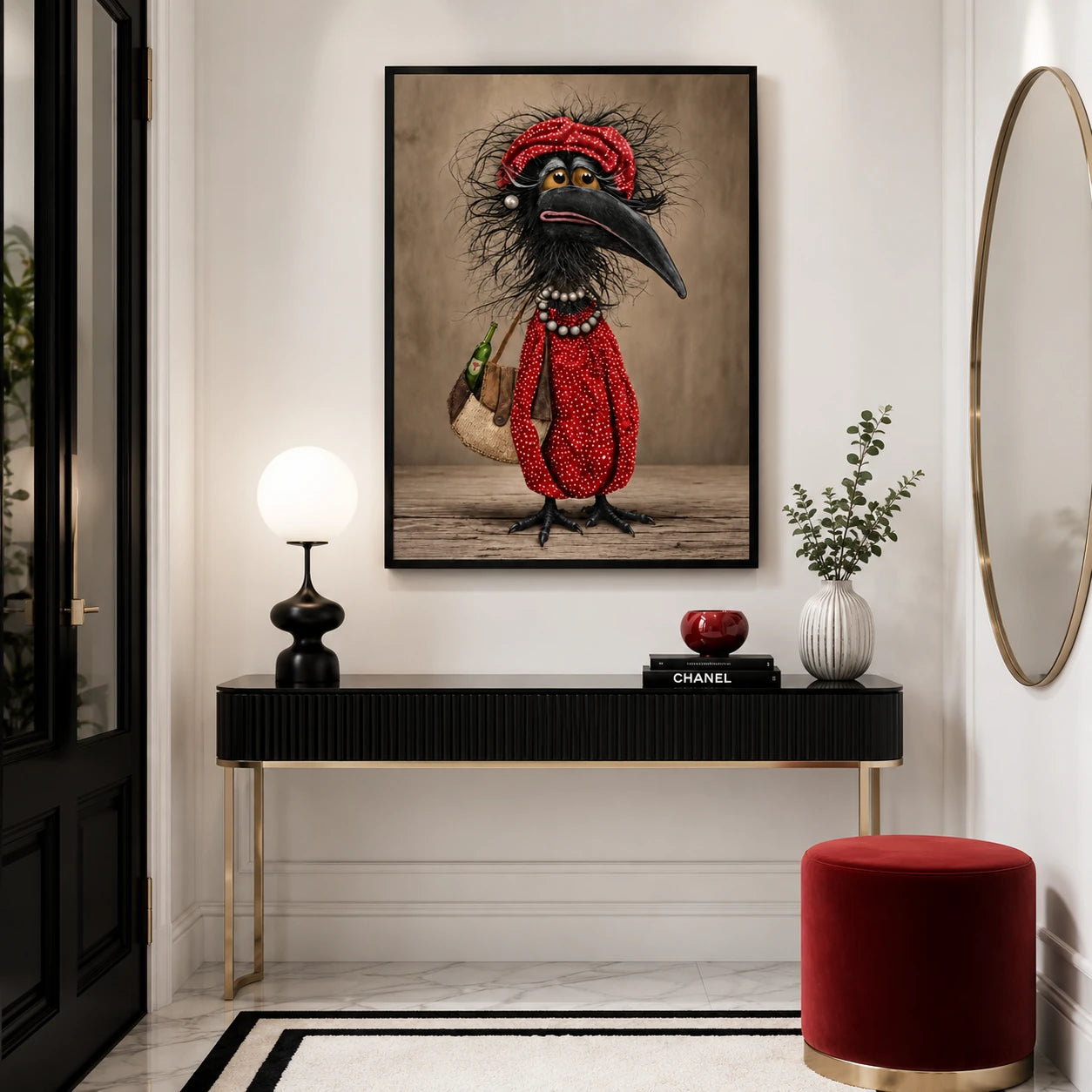 Quirky Crow Red Outfit Funny Canvas Art