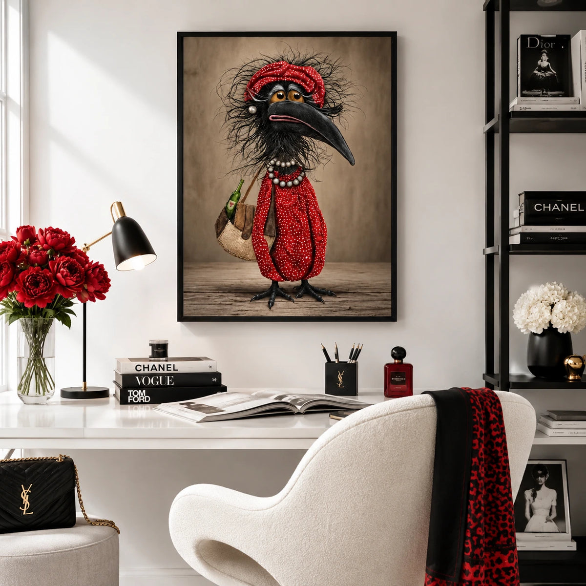 Quirky Crow Red Outfit Funny Canvas Art