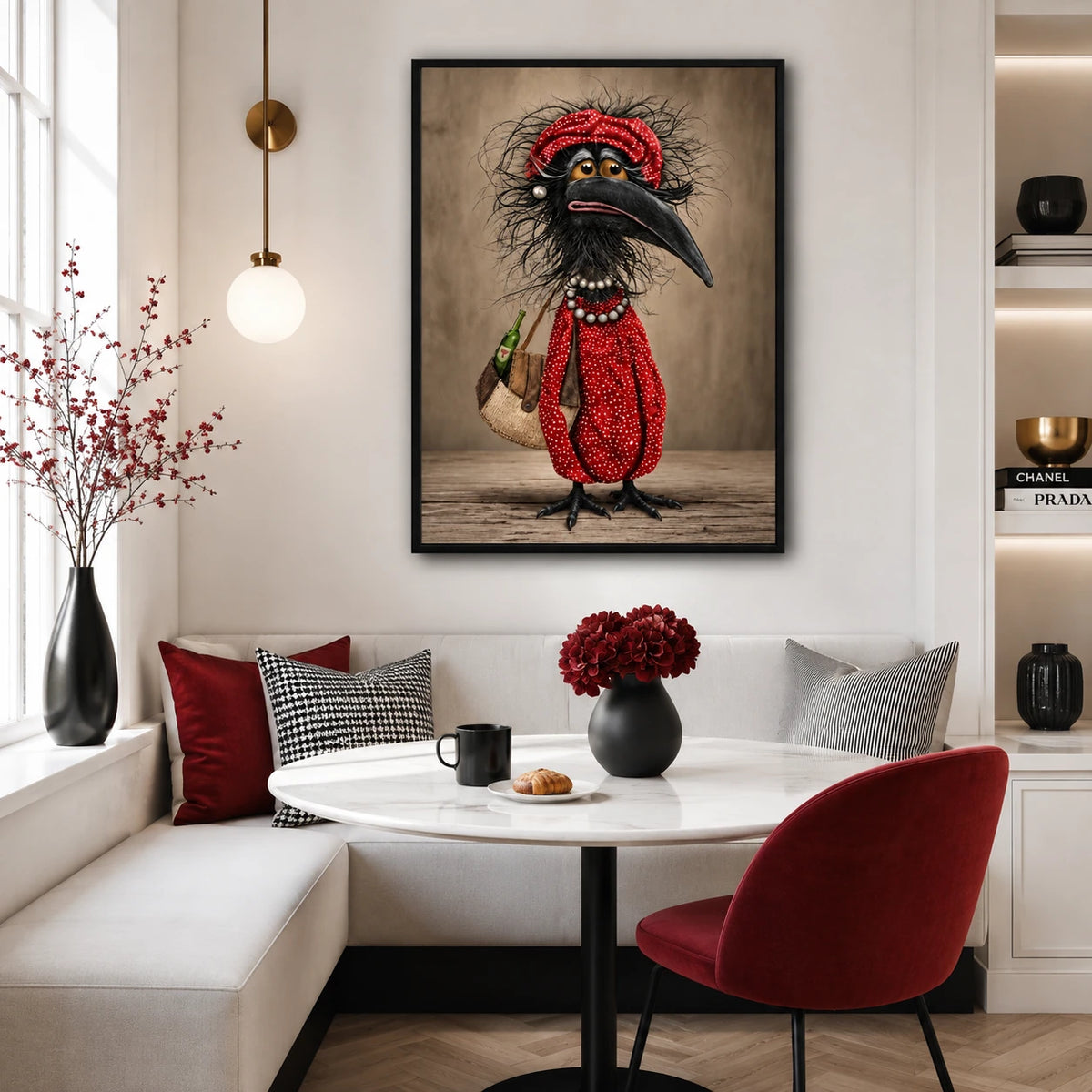 Quirky Crow Red Outfit Funny Canvas Art