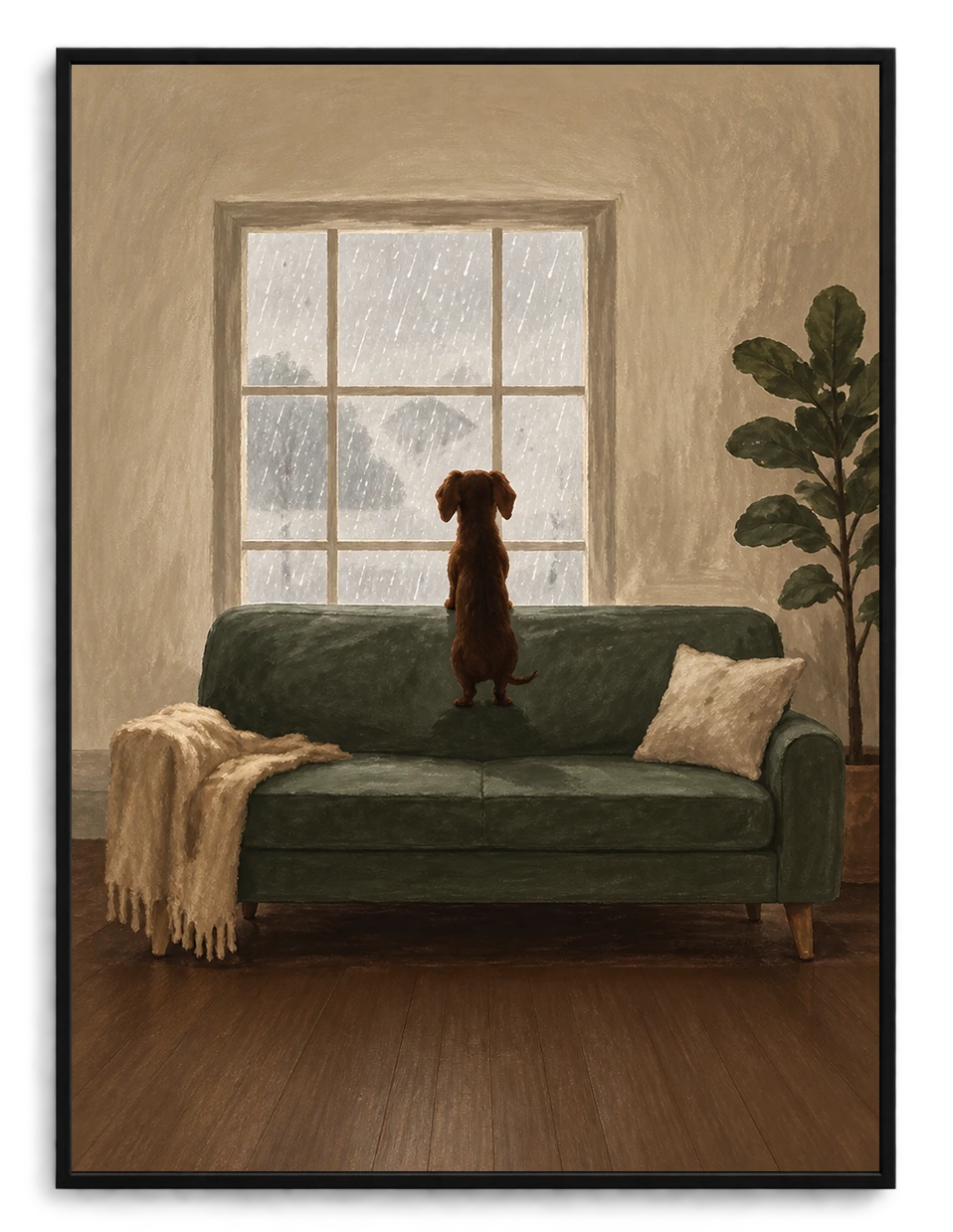 Rainy Day Dog Window Oil Painting Canvas Art