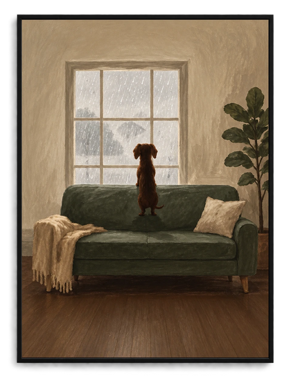Rainy Day Dog Window Oil Painting Canvas Art