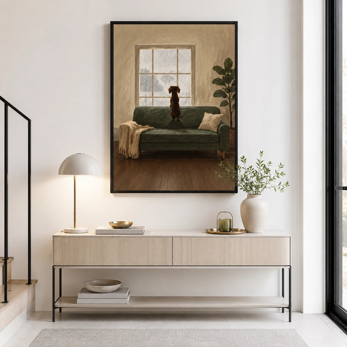 Rainy Day Dog Window Oil Painting Canvas Art